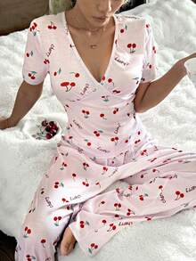 女士樱桃印花短袖上衣和裤子睡衣套装 - 粉色 - 查看 5