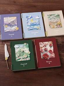 1 PC A5 Size Thick Loose-Leaf Notebook Oil Painting Scenery Coil Student Notebooks 60 Pages Cute Notebook With Detachable Pages For School, Journaling, School Supplies,Back To School - Multicolor - View 3