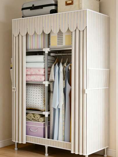 1个大容量便携式衣柜，现代简约风格，高端格调，纯色图案布套，组装简便，设有多个独立挂衣区和储物抽屉，提供充足的收纳空间，钢管框架支撑稳固，适用于家庭、卧室、公寓和房间的储物家具。