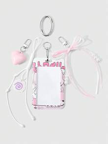 ROMWE Kawaii 1個新款二次元可愛卡通甜美手工串珠白色仿珍珠粉色流蘇蝴蝶結立體愛心手編皮繩魚骨捲飾卡通甜美女孩熊印花壓克力滑蓋卡套，校園卡套、星卡、交通卡套、身分證卡套，DIY鑰匙圈配件包掛飾，適合上班族、學生、派對愛好者，日常佩戴，節日禮物 - 粉色-101 - 查看 7