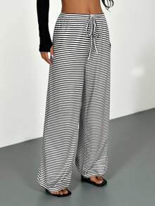 SHEIN PETITE 女士休闲针织条纹宽松阔腿长裤，舒适时尚，日常通勤 - 黑色 - 查看 8