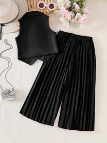SHEIN Elladie kids 女童（小号）优雅黑色无袖西装背心和阔腿裤两件套，精致职业装，时尚百搭 - 黑色 - 查看 2