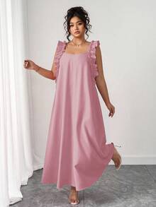 SHEIN PETITE 大码女式休闲纯色荷叶边方领无袖连衣裙，夏季 - 藕粉色 - 查看 6