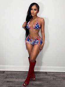 BamGleam Summer Sexy American Style Printed Backless Halter Crop Top And Mini Shorts 2 Pieces Set - Multicolor - View 7