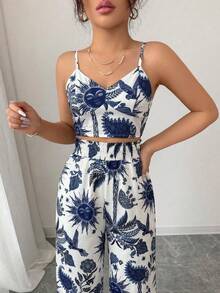 SHEIN Holidaya Women's Navy And White Palm Tree Digital Print 2-Piece Set,Boho Summer Vacation Holiday Outfits,Casual Beach 2 Piece Outfits,Elegant Chic Street Style - Blue and White - View 7