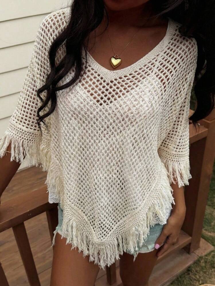 Women's V-Neck Hollow-Out Knit Shawl Sweater Summer