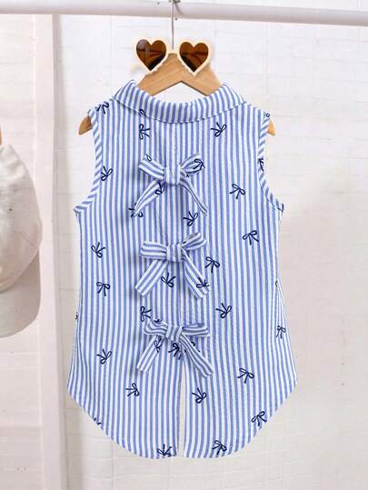 SHEIN Playful Pals Young Girls' Woven Striped Pink Sleeveless Irregular Shirt, Backside Bow Tie Decor, Suitable For School, Casual, Outdoor Versatile Item
