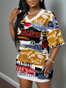 Slaydiva 大码女式V领字母印花休闲约会连衣裙，适合夏季穿着 - 彩色 - 查看 4