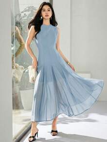 Heiryn Gaun Elegan Tanpa Lengan Leher Bulat Warna Polos untuk Wanita, Gaun Musim Panas untuk Wanita - Baby Blue - View 4