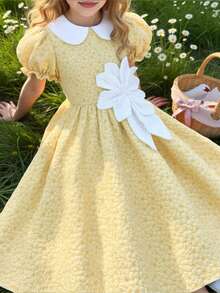 SHEIN Summer 1pc Girls Sweet Ruffled Collar Petal Sleeve Textured Midi Dress With 3D Floral Decor, Suitable For Daily Wear, Outings, And Parties Bohemian Dress - Yellow - View 4