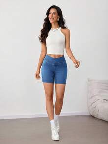 SHEIN Tall 女款牛仔短褲，休閒修身短牛仔褲，適合高個女性 - 淺色水洗藍 - 查看 4
