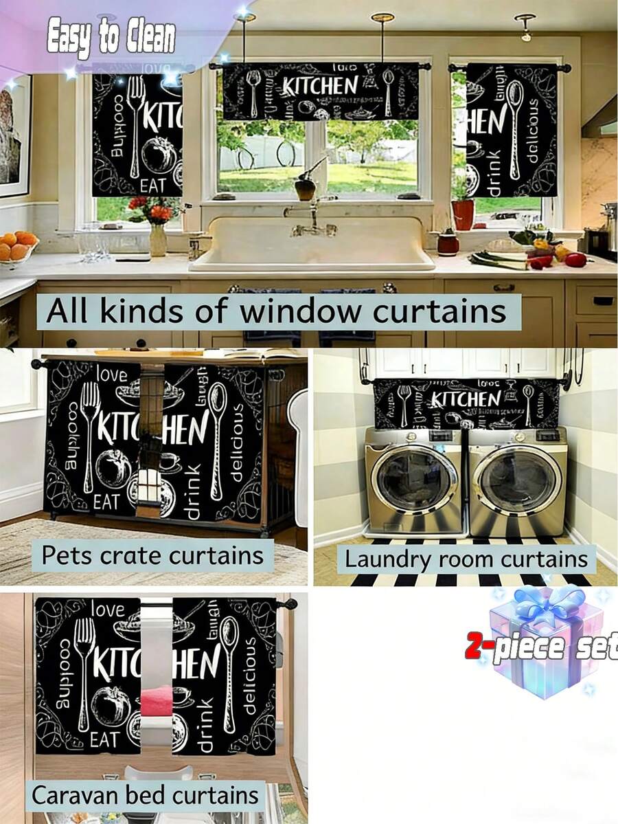 2pcs Piece Pastoral Theme, Kitchen Cutlery Food Cooking Print Curtains, Curtain Curtain Rod Pocket Pastoral Kitchen Curtains, Cafe Curtains Living Room Office Bedroom Home Decorative Curtains - Black - View 1