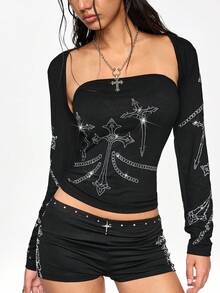 ROMWE Grunge Punk 2 Stücke Gothic Kreuz Strass Dekor Trägerhemd & Weste Set - Schwarz - Übersicht 4