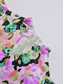 SHEIN Franclia 花卉印花装饰，浪漫假日度假风格女士V领短袖衬衫 - 彩色 - 查看 4