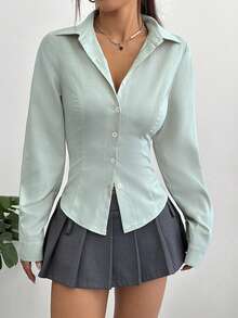 Flirla Áo sơ mi nữ dài tay, màu trơn, cài một hàng khuy, dáng ôm. - Rửa nhẹ - Xem 6