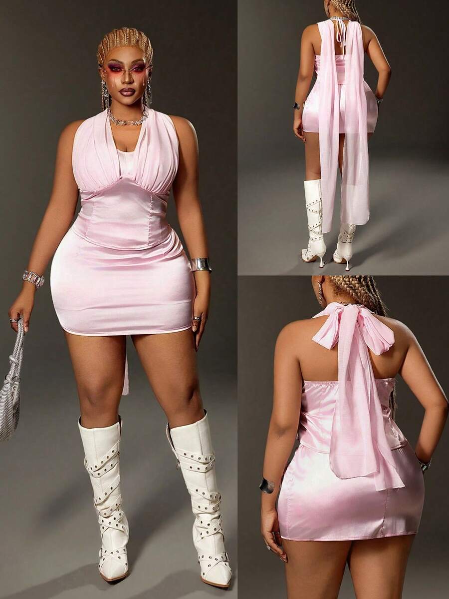 Maweii Vacation Sexy Satin Tie-Up Top And Bodycon Mini Skirt 2 Pieces Set - Multicolor - View 1