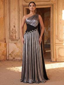 Aureia Elegant, Glamorous, And Stylish, This Black And Silver Color-Blocked Dress Features A Coated, Stretch Knit Fabric, Handcrafted Rhinestone Chain Embellishments, Asymmetrical Shoulder And Waistline, A Super-Large A-Line Silhouette, And A Train. Suitable For All Formal Occasions, Including Weddings, Dates, Parties, And Elaborate Evening Gowns. - Black - View 5