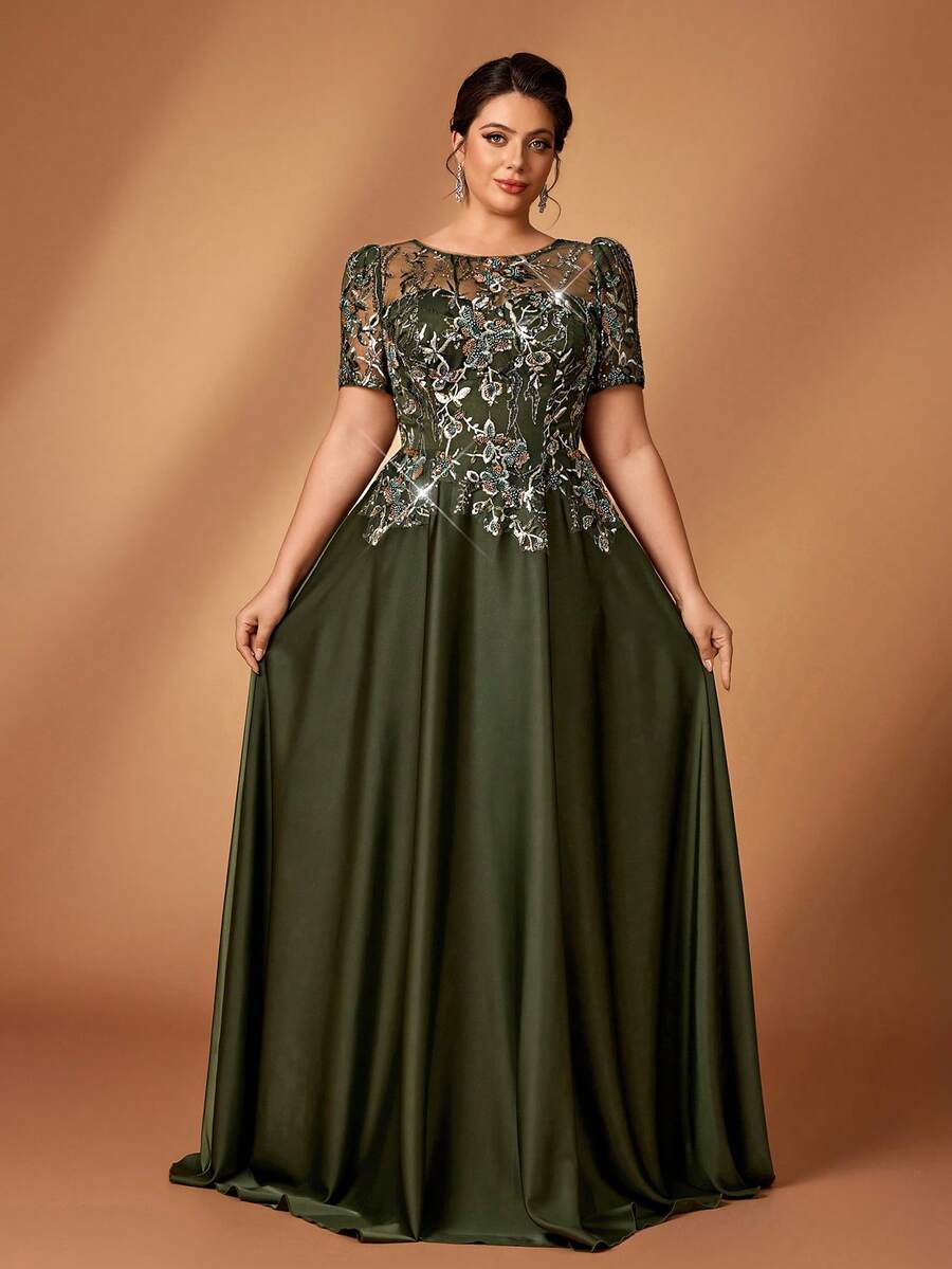Serin Đầm xòe sang trọng, thanh lịch màu xanh lá cây, cổ tròn, tay ngắn, cỡ lớn, đính sequin lấp lánh, phù hợp cho đám cưới, tiệc tùng, sự kiện trang trọng, hoặc dành cho mẹ cô dâu. - màu xanh lá - Xem 1
