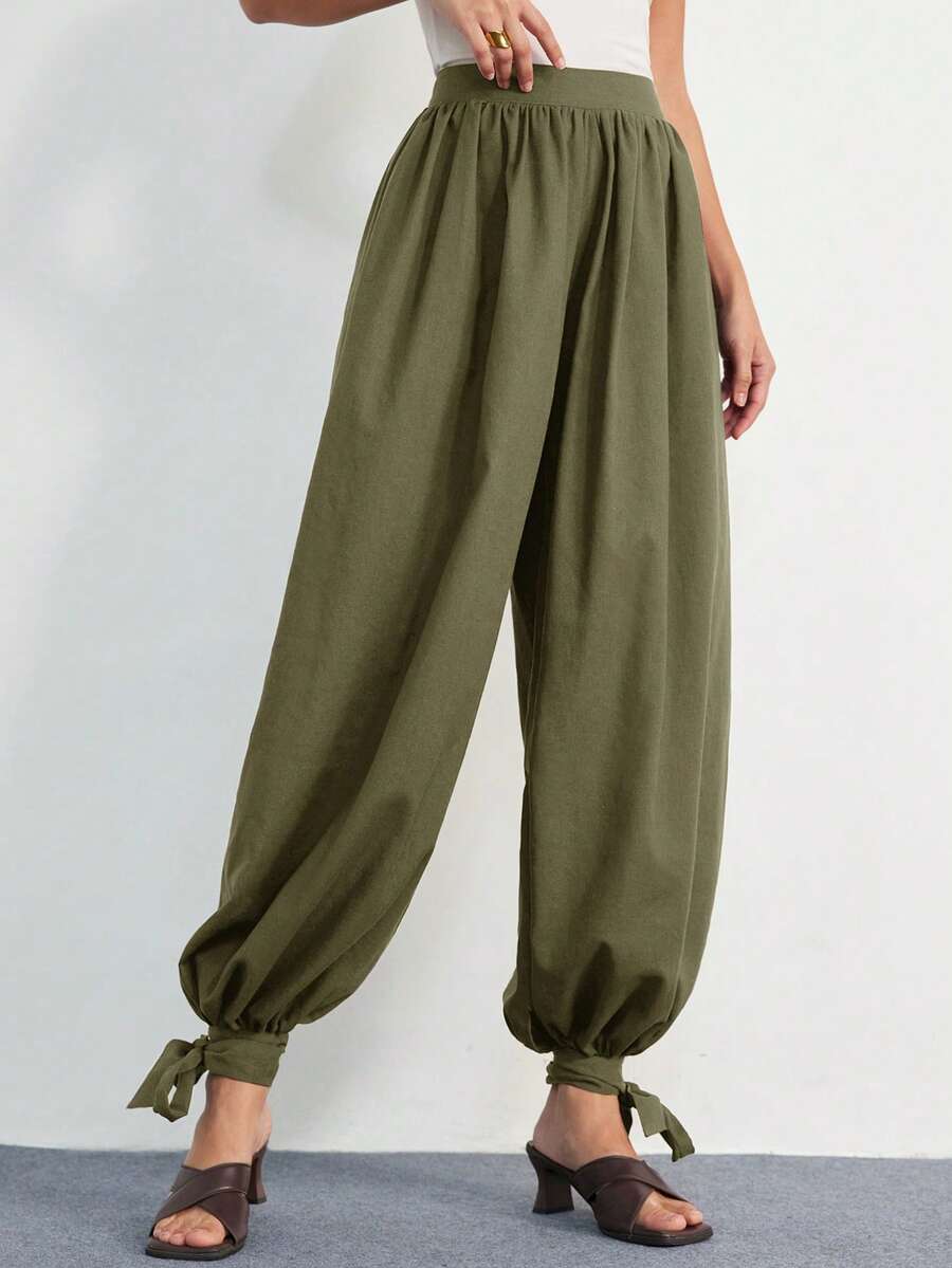 Aveloria Modichic 波西米亚风高端蓬松菠萝纹理亚麻质感女裤 - 軍綠色 - 查看 1