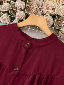 EMERY ROSE Plus Size Solid Color Front Buttoned Long Sleeve Dress, For Christmas Maxi Women Outfit Fall - Burgundy - View 4