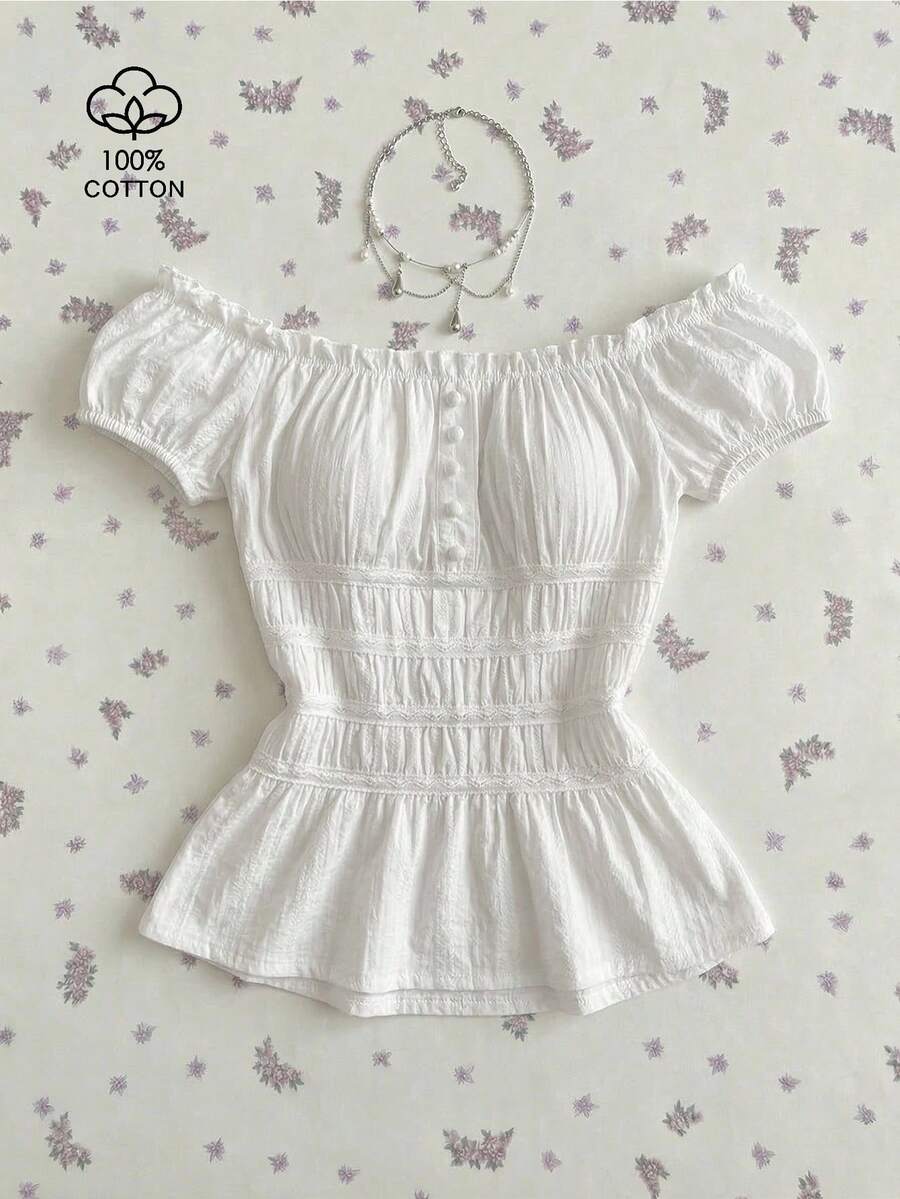Flirla Women's White Summer Modest Vacation Lace Patchwork Button Closure Waist Cinched Off-Shoulder Ruched Blouse Skirt And Top Set 2 Pieces Linen Mesh Set - White - View 1