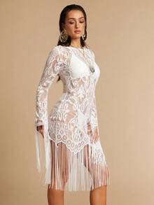 Silquee 女士度假沙滩薄纱蕾丝流苏下摆迷你连衣裙 - 白色 - 查看 5