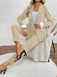 EMERY ROSE 女士条纹吊带背心、单排扣长袖外套和长裤休闲通勤套装 - 卡其色 - 查看 8