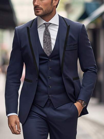 Manfinity Mode Men's Solid Color Notched Collar Single-Breasted Casual Versatile Commuting Long Sleeve Suit Jacket