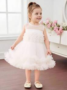 Glamorique Kids Đầm dự tiệc nhiều lớp bằng vải voan cho bé gái, đầm công chúa mềm mại dễ thương với họa tiết hoa 3D màu trắng bồng bềnh. - trắng - Xem 1
