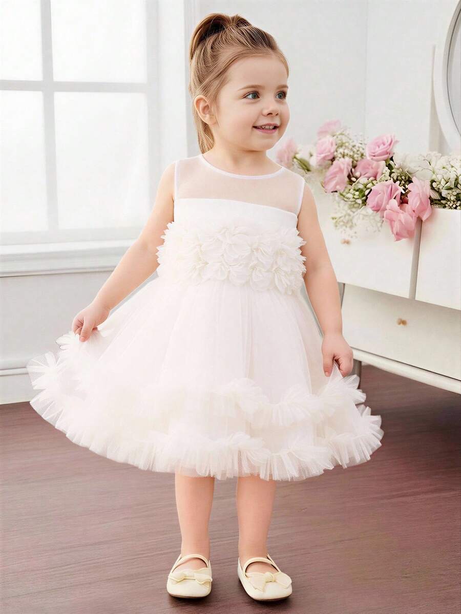 Glamorique Kids Đầm dự tiệc nhiều lớp bằng vải voan cho bé gái, đầm công chúa mềm mại dễ thương với họa tiết hoa 3D màu trắng bồng bềnh. - trắng - Xem 1