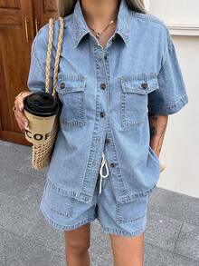 DAZY 女士休闲水洗口袋衬衫和牛仔短裤套装，夏季 - 藍色 - 查看 8