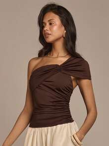 COSMINA Women's Elegant Twist Drape Shoulder Versatile Commuter Blouse, Chic And Graceful For Spring Outings, Office, Dates - Brown - View 4