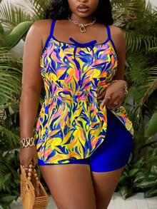 Slaydiva Plus Size Women's Vacation Spaghetti Strap Bikini 2-Piece Set, Random Floral Print, Summer Beach Swimwear - Royal Blue - View 1