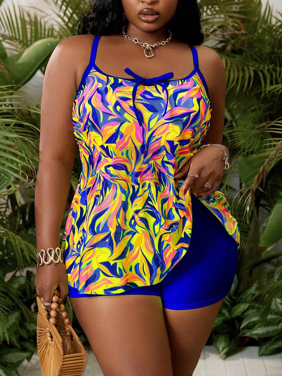 Slaydiva Plus Size Women's Vacation Spaghetti Strap Bikini 2-Piece Set, Random Floral Print, Summer Beach Swimwear - Royal Blue - View 1