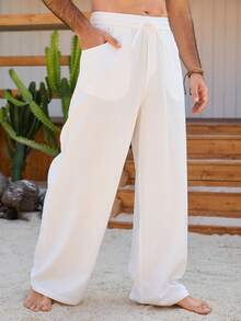 VENTUSAIL 男士休闲纯色长裤，适合度假穿着 - 白色 - 查看 6