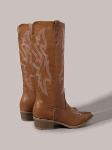 Styleloop Ladies Sexy Casual Western Boots One Pedal Pointed Heel Thick Heel Festival Leather PU Embroidered Handmade Women's Boots Brown Boots - Brown - View 5