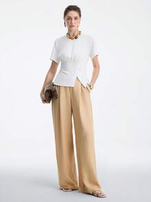 Aalyst Damen elegantes Pendler-Lässig-Büro-Raffungen-asymmetrischer Saum T-Shirt - Weiss - Übersicht 6
