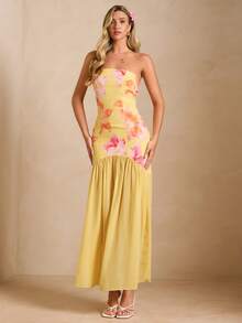 Enchnt Spring/Summer Romantic Women's Yellow Floral Print Strapless Maxi Dress,Sweet&Elegant For Vacation&Date&Holiday&Going Out,Spring Outfit Women - Yellow - View 7