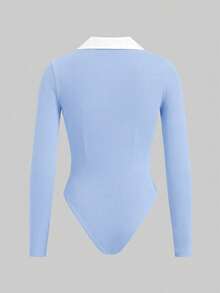 SHEIN EZwear 休闲简约修身白色领连体衣，搭配蓝色罗纹连体衣，二合一衬衫领连体衣，适合春夏穿着，百搭办公风格 - 藍色 - 查看 2