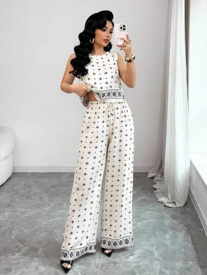 Modelyn Conjunto de 2 piezas de top sin mangas y pantalones con estampado total de estilo minimalista casual para mujer