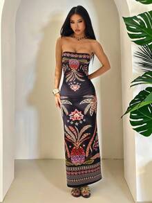SHEIN PETITE 女士热带植物印花修身吊带连衣裙，适合度假、返校、休闲、办公和约会穿着。 - 彩色 - 查看 2