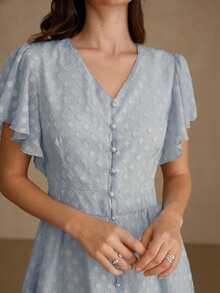 Aveloria Rosie 优雅女士法式奢华亮面提花镂空短袖收腰A字迷你连衣裙 - 藍色 - 查看 7