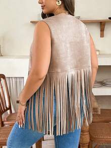 Weeklong Plus Size Solid Color Fringe Sleeveless Jacket - Camel - View 2