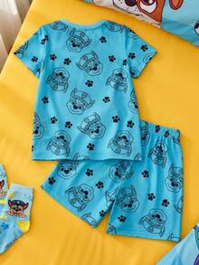 SHEIN | PAW Patrol Bộ đồ ngủ mùa hè tay ngắn cổ tròn in hình hoạt hình dễ thương, kiểu dáng thường ngày, dành cho bé trai. - Màu xanh Cadet - Xem 3