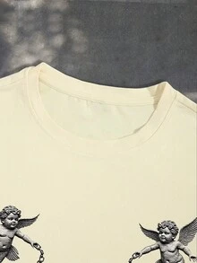 PAVTROS 男士人像及标语印花休闲圆领短袖T恤搭配抽绳短裤套装，夏季街头风两件套 - 彩色 - 查看 3