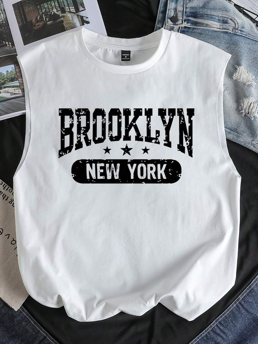 Manfinity Joysei 美国布鲁克林休闲印花宽松无袖背心，时尚约会聚会必备，送给男友的礼物 - 白色 - 查看 1