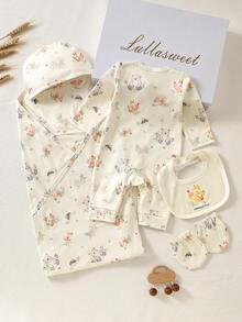 SHEIN New Born Baby Gift Set, Spring/Summer New Arrival Layette Set, Newborn Infant Romper Outfit New Born Clothes Set Newborn Clothes Set Baby Gifts - Khaki - View 2
