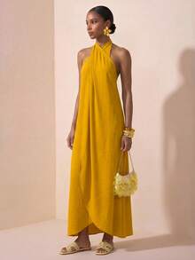 Zivah 2025春季新款音乐节休闲度假芥末黄露背吊带A字连衣裙 - 黃色 - 查看 3