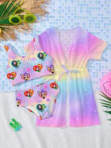 SHEIN 少女夏季时尚海滩度假可爱卡通渐变印花比基尼三件套，带抽绳轻薄罩衫 - 彩色 - 查看 4