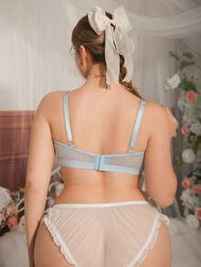 DelicateAllure Curve Lingerie Daily Wear Minimalist Mesh Patchwork Plus Size Bra With Underwire, Black - Baby Blue - View 2